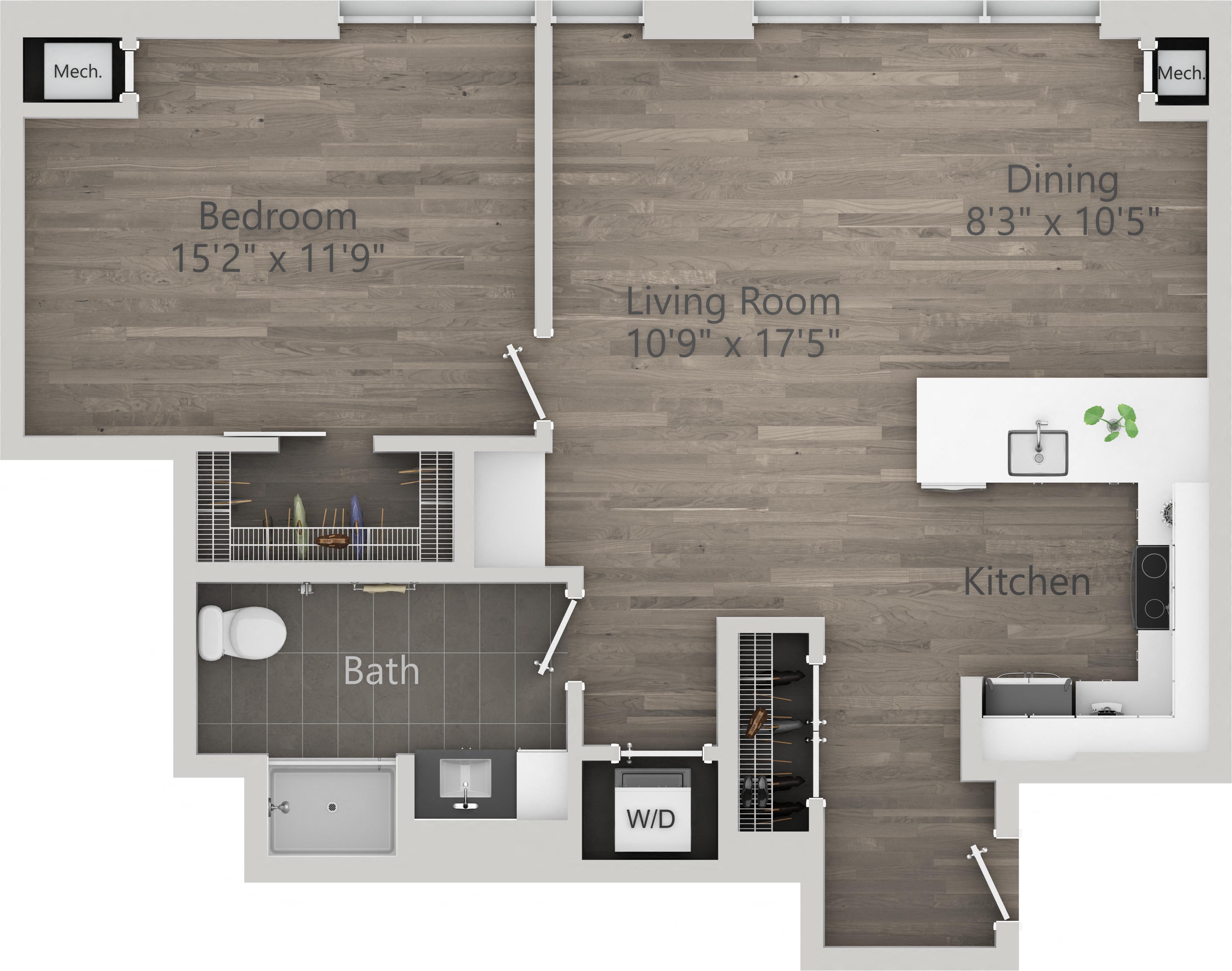 Floor plan for 1 bed, 1 bath, 850 sqft